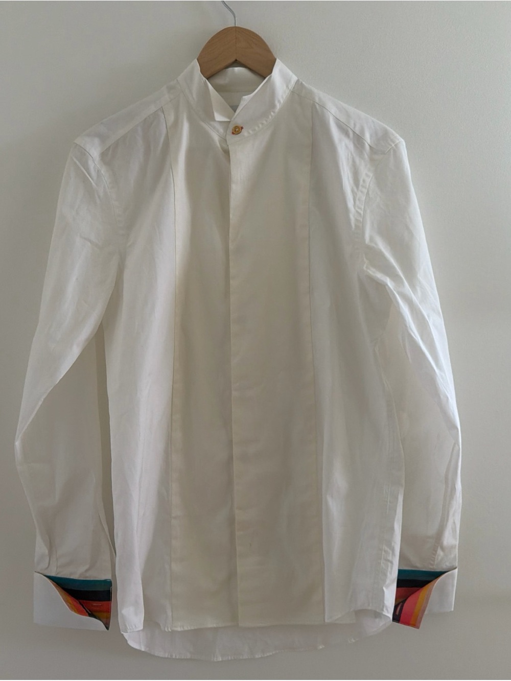 Paul Smith White Cotton Twill Shirt Colorful Striped Cuffs 15.5 Mandarin Collar